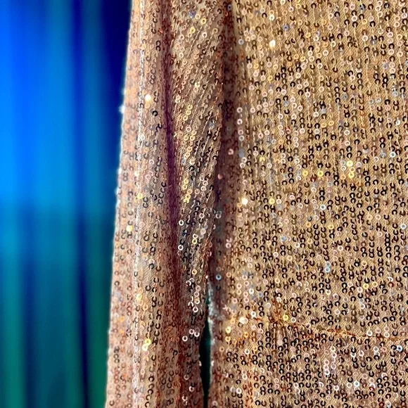 Stunning Mermaid Rose Gold Sequined Dress with Sleeves and Slit - Picture 11 of 16